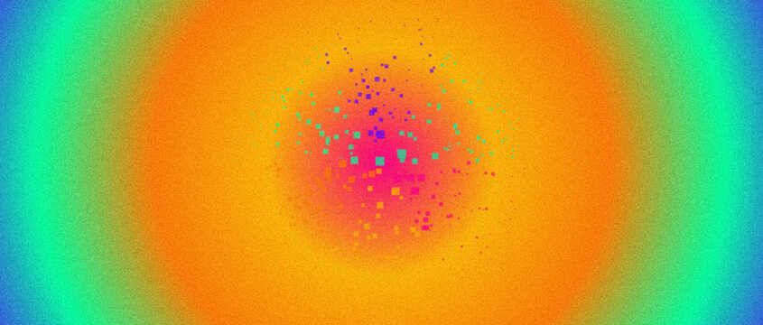 Dynamic abstract digital illustration with radial gradient circles and pixelated center