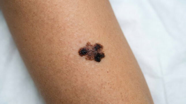 Close-up of suspicious abnormal mole on human skin checking for melanoma and skin cancer risk in a medical checkup