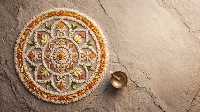 Traditional rice rangoli pattern with brass diya oil lamp on slate stone surface for Rohini Vrat Jain Festival celebration setup with copy space
