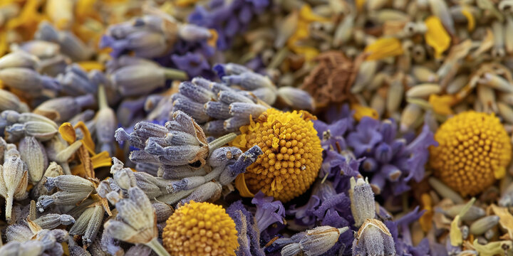 Dry herb blend of lavender Lavandula angustifolia and chamomile Matricaria chamomilla flowers background texture composition closeup top view aromatic natural organic herbal medicine remedy relaxation