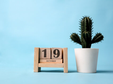 A wooden block calendar for October 19th with a plastic cactus plant on the side on a light blue background.