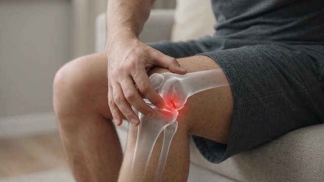 Man holding painful knee joint with medical skeletal overlay