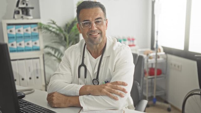 Man doctor wearing stethoscope smiles with arms crossed at desk in clinic with computer and microscope; reassurance.