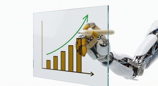 Humanoid robot drawing an upward business growth chart on a transparent glass board, symbolizing AI analytics, automation, financial forecasting, data visualization and digital transformation with cop