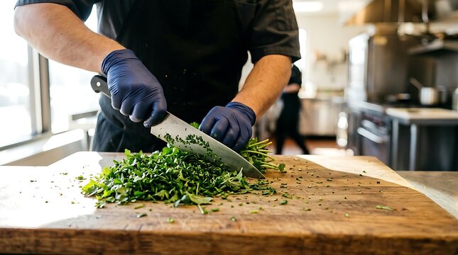 Chef in blue gloves meticulously chopping fresh green herbs on a wooden cutting board in a professional kitchen