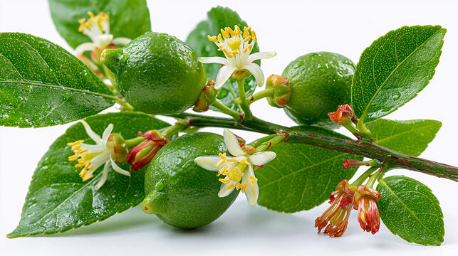 Fresh green lime fruit growing on branch with white flowers and dewdrops