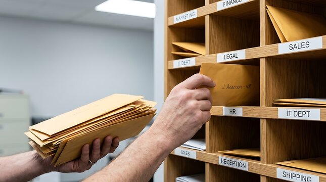Office mail sorting rack with hand placing envelope into HR department slot