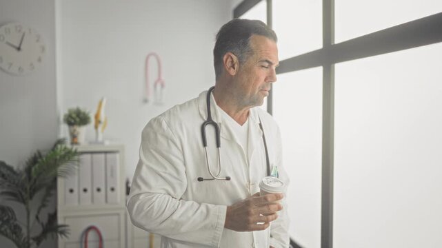 Man doctor in labcoat holding a takeaway coffee cup and stethoscope at a bright window in medical building, gazing out; reflective.