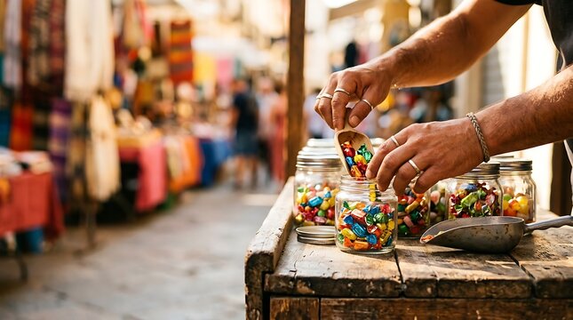 Vendor scoops colorful candies from jars at a vibrant outdoor market stall