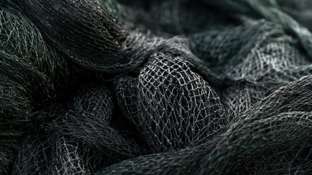 Close up of weathered dark nylon fishing net texture with soft lighting. Conceptual background for commercial marine industry or sustainability topics.