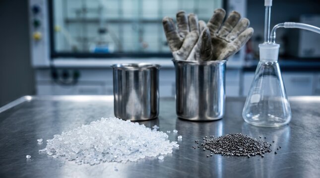 Laboratory setup with shredded plastic pellets, nickel catalyst granules, stainless beakers, heat gloves, and a gas collection flask