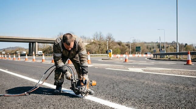Road worker applying white line marking on asphalt with specialized equipment