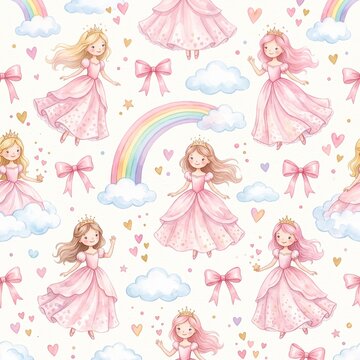 Whimsical pastel princesses with rainbow and clouds playful repeating pattern design