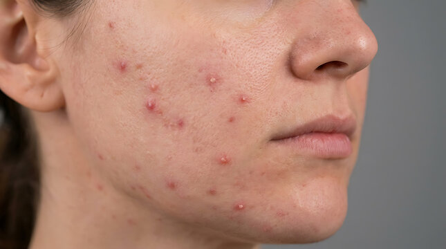 Close Up of Young Woman Face with Acne Breakout and Pimples for Dermatological Treatment