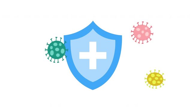 Blue medical shields blocking colorful virus and bacteria icons animation