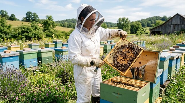 Beekeeper inspecting a frame full of bees in a sunny apiary with rows of colorful hives