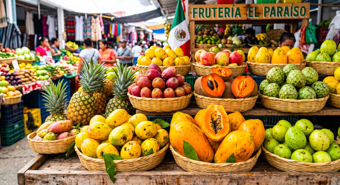 Colorful Mexican Tropical Fruits Displayed at a Traditional Market