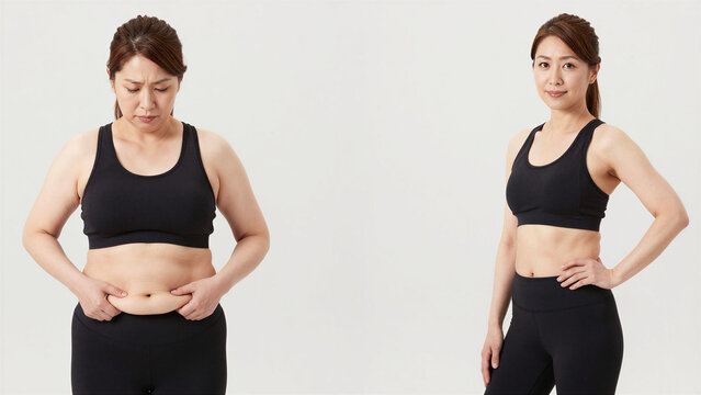 Overweight and Fit Japanese Middle Aged Women Comparison, Standing in S-curve Pose, Weight Loss and Healthy Lifestyle Transformation Concept, Copy space on the center