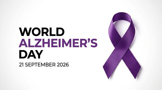 World Alzheimer's Day banner featuring a purple awareness ribbon and text dated 21 September 2026 on a clean white background, medical healthcare campaign concept.