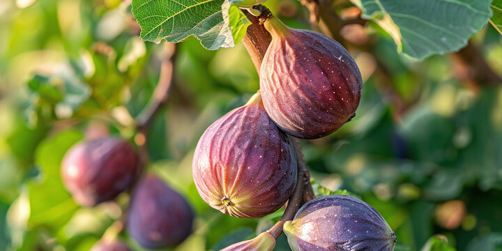 Fresh purple common fig Ficus carica fruits growing on tree branch in sunny orchard, organic agriculture harvest concept for healthy food and natural plant nutrition photography backdrop closeup detai