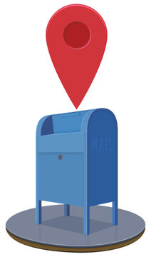 Classic blue USPS mail collection box with red location map pin representing mail drop off location, postal dispatch point, and courier services (cut out)