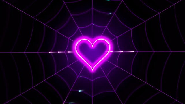 Glowing neon heart shape on spider web background