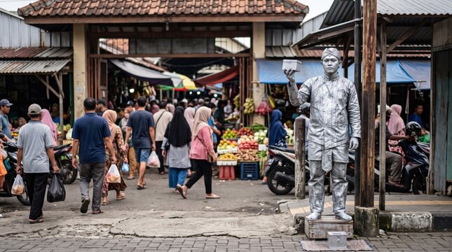 Silver Street Performer Standing at Busy Traditional Market Entrance.