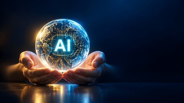 Artificial intelligence global network concept hands holding glowing digital circuit earth sphere with AI text