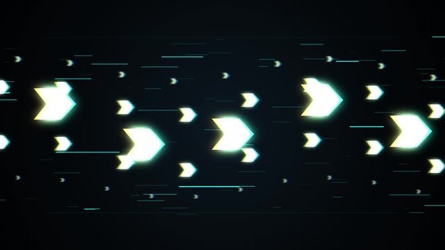 Glowing neon arrows moving forward on dark background