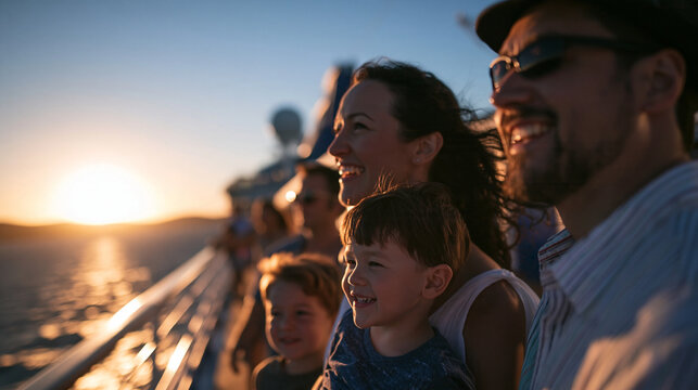 Happy Family Enjoying Sunset on Cruise Ship Deck