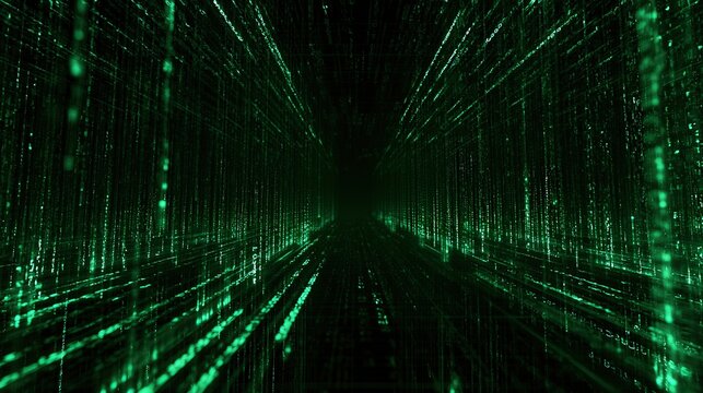 Green digital code rains down inside a dark virtual reality corridor. Perfect for cybersecurity and database technology concepts.