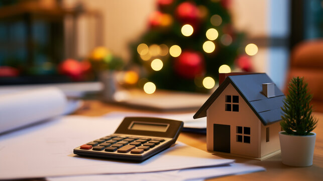 Real estate finance concept with modern house model, construction plans, calculator and financial documents on a desk with Christmas decorations. 

