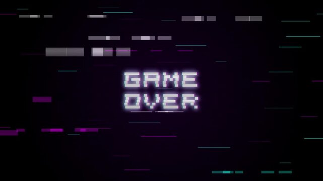 Pixel art game over text with digital glitch effect