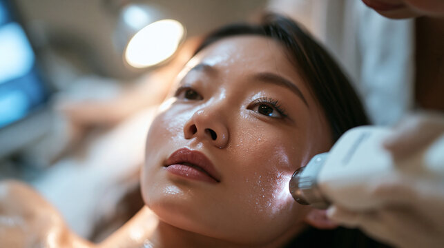 Asian Woman Receiving Facial Aesthetic Treatment at Clinic