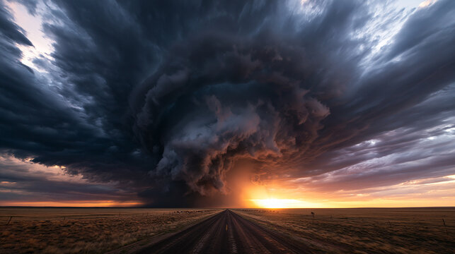 Dramatic Supercell Thunderstorm Over Empty Rural Road at Sunset