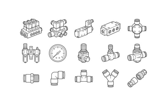 Pneumatic solenoid valve pressure regulator pressure gauge and push fitting line icon set vector