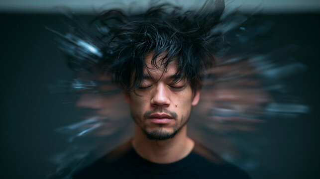Stressed Asian Man Experiencing Mental Health Crisis and Headache