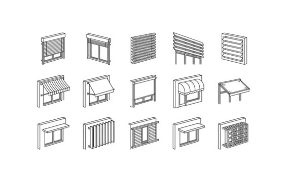 Window blind awning sunshade louver and exterior shading system line icon set vector