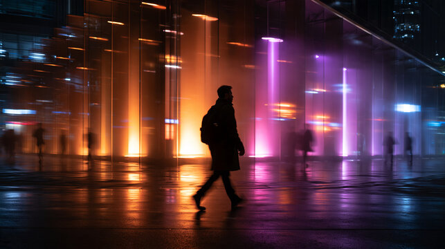 Silhouette of Man Walking Past Illuminated Modern Building at Night