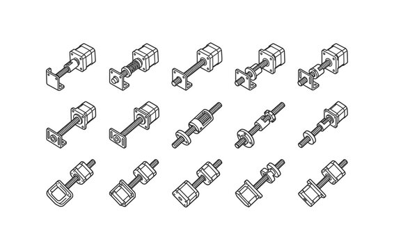 Lead screw assembly stepper motor linear actuator and ball screw line icon set vector