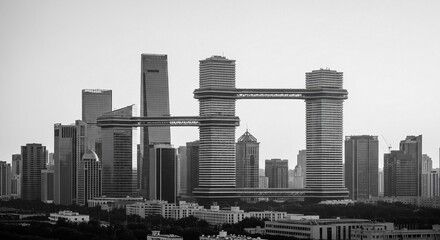 Fototapeta premium Modern City Skyline with Unique H-Shaped Connecting Buildings
