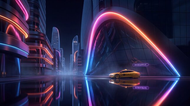 Futuristic Autonomous Taxi in Cyberpunk Neon City