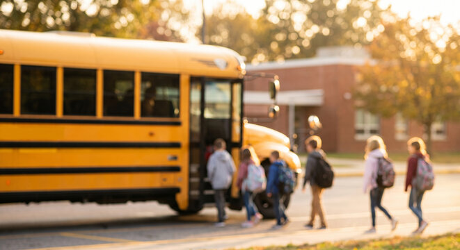 Group of Elementary School Students Walking Toward a Yellow School Bus for Morning Transport in a Blurred Academic Campus Setting