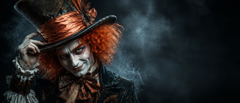 Creepy jester with a sinister smile and fiery red hair, wearing a top hat and ruffled bow tie, against a smoky, dark background with red banner format