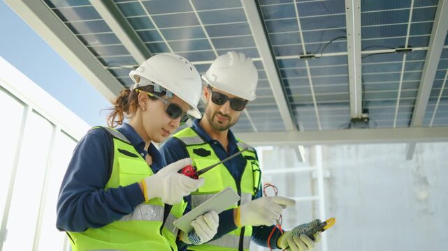 Two professional engineers wearing safety gear inspect solar panels using a digital multimeter and tablet. Teamwork in renewable energy maintenance, ensuring sustainable power generation system.