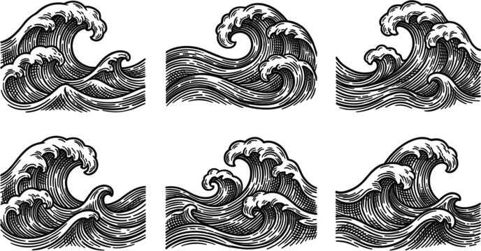Japanese Style Ocean Wave Woodcut Vector Illustration Set with Vintage Engraving Sea Tsunami Lines for Oriental Marine Tattoos Graphic Designs and Print Layouts