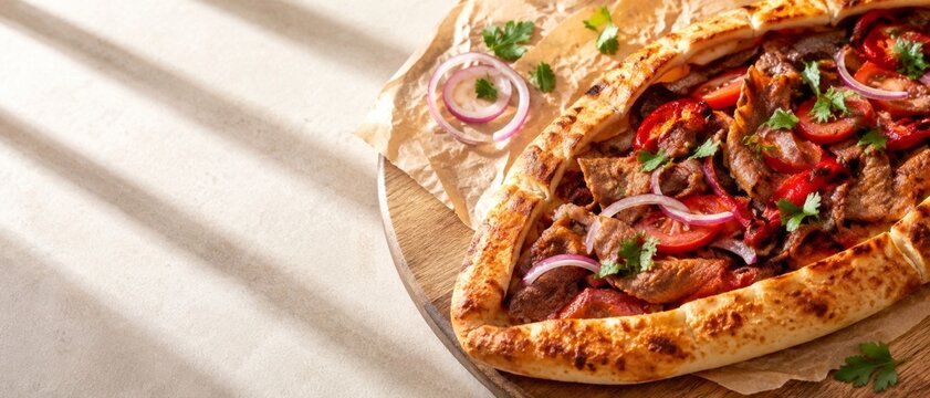 Delicious Turkish pide with doner meat, onions, and tomatoes, served fresh from the oven. A traditional Turkish dish. Banner format. Copy space