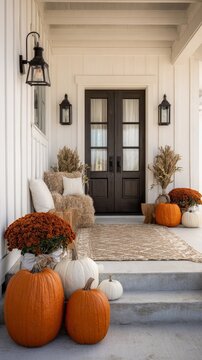 Create a warm fall ambiance at your home entrance with pumpkins, mums, and hay bales. Perfect for seasonal decor inspiration, welcoming vibes, and celebrating the beauty of autumn's cozy, festive