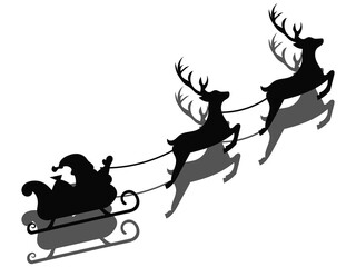 Santa claus riding sleigh pulled by flying reindeer silhouette © Sufia