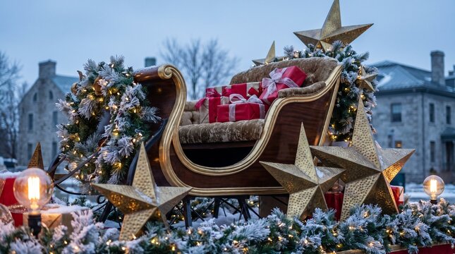 Christmas Parade Float with Santa Sleigh Golden Stars and Gift Boxes